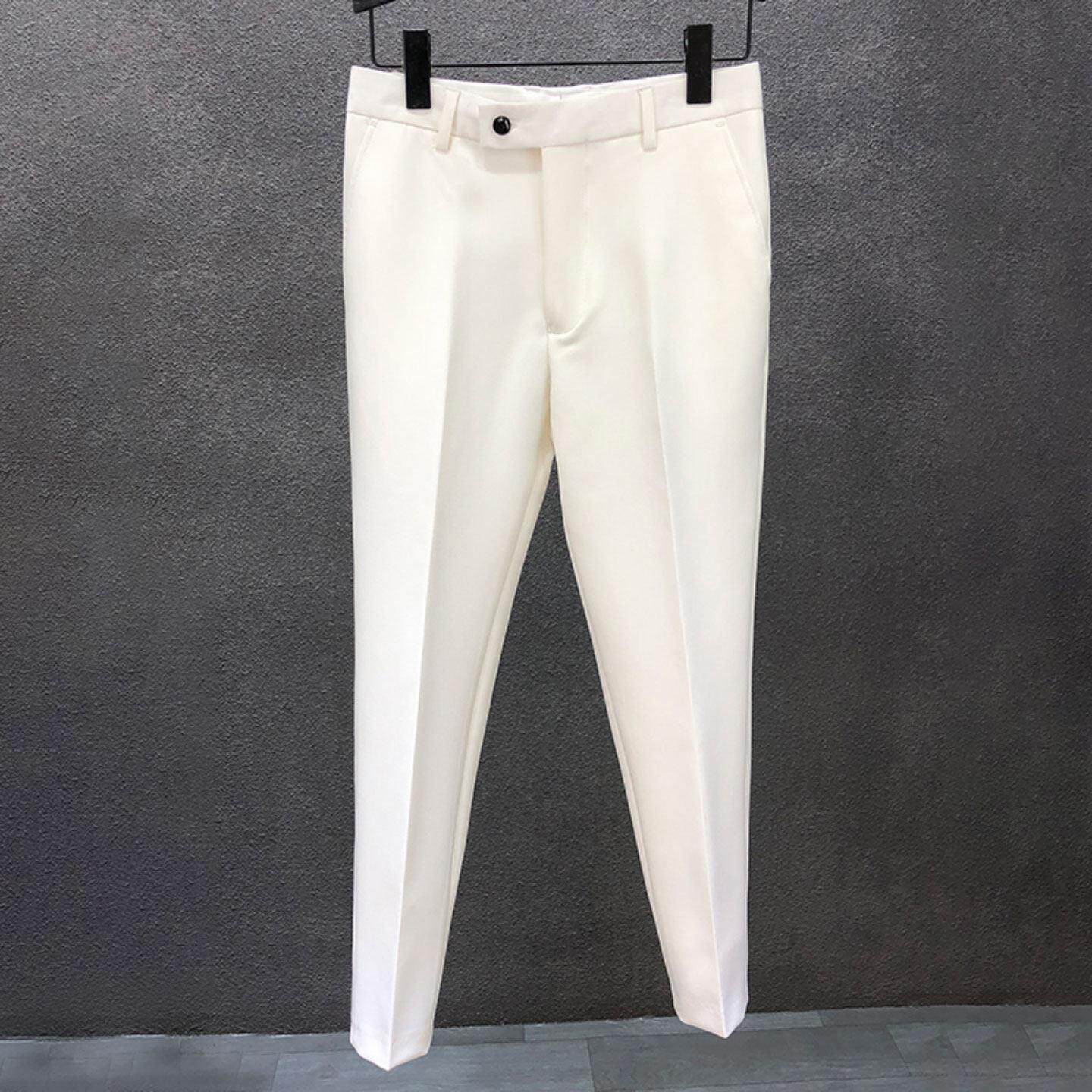 MUSONMU冰丝白色西裤男夏季薄款免熨烫垂感九分裤韩版潮流休闲 裤