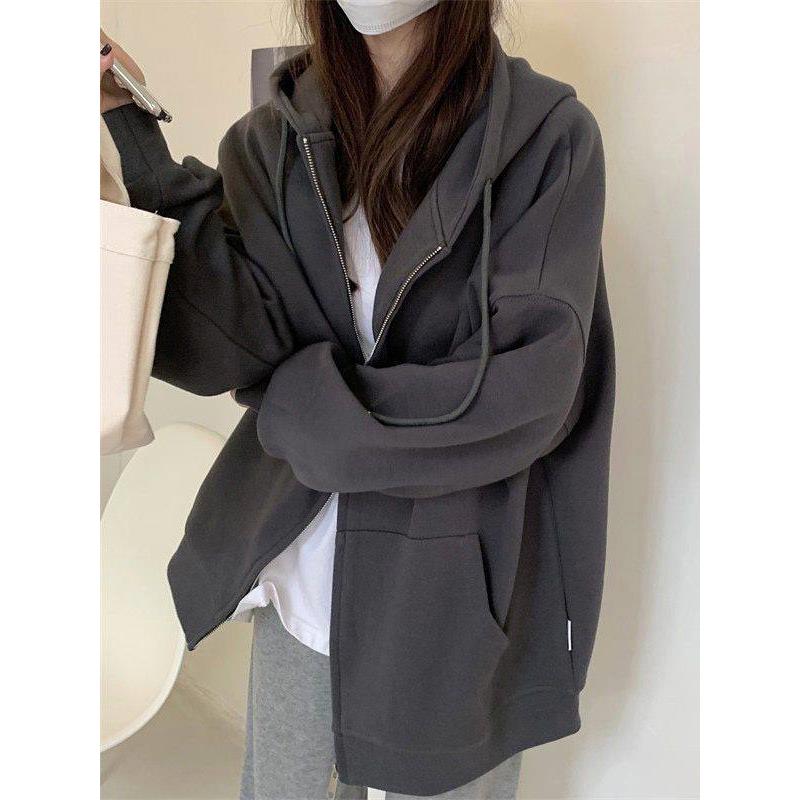韩国NextMary灰色卫衣连帽外套女款秋季宽松学生运动开衫休闲上衣