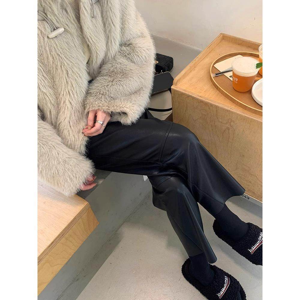 海宁真皮九分皮裤阔腿裤女高腰显瘦2025年冬季新款绵羊皮休闲裤