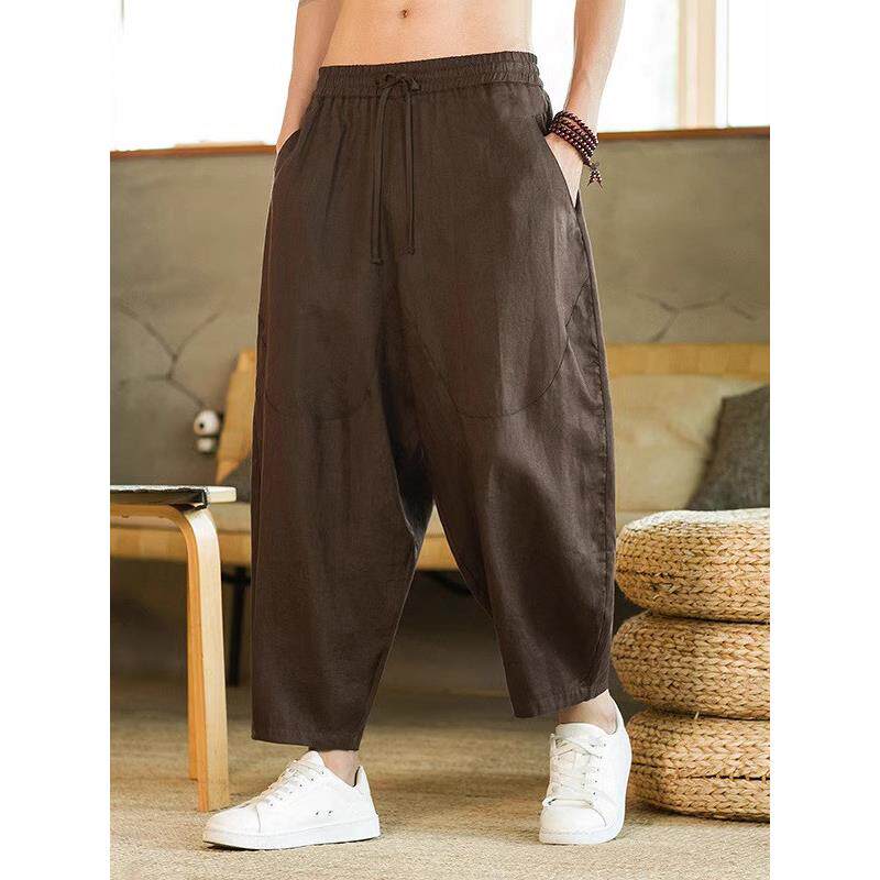 香港纯亚麻裤中国风阔腿哈伦裤男裤子夏季宽松休闲裤灯笼九分长裤