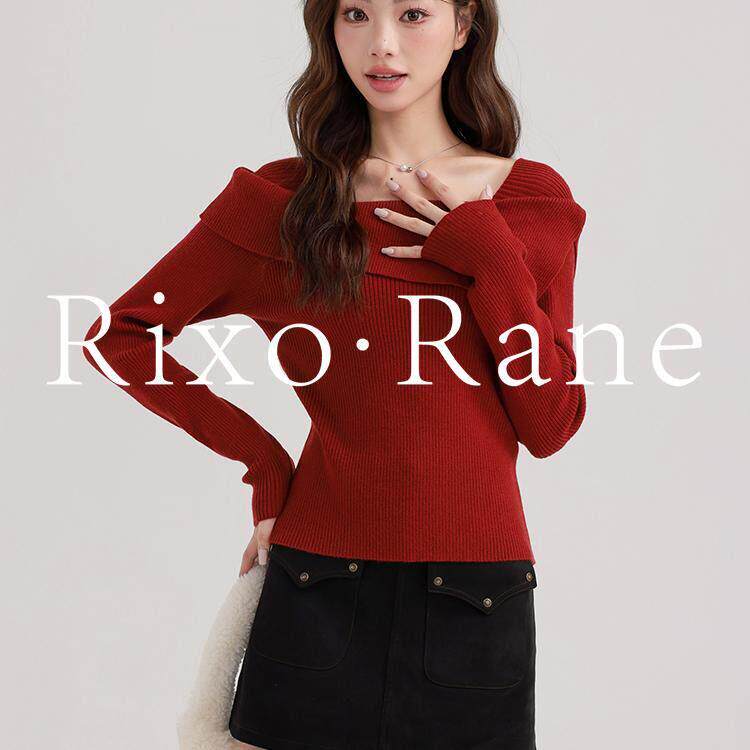 法国Rixo Rane ?红色气质一字肩长袖针织衫女秋冬修身打底衫上衣
