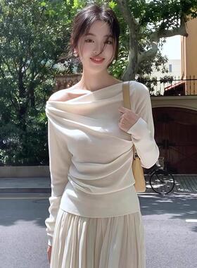 法国Rixo Kelly白色露肩一字肩针织长袖T恤女温柔设计感纯欲上衣