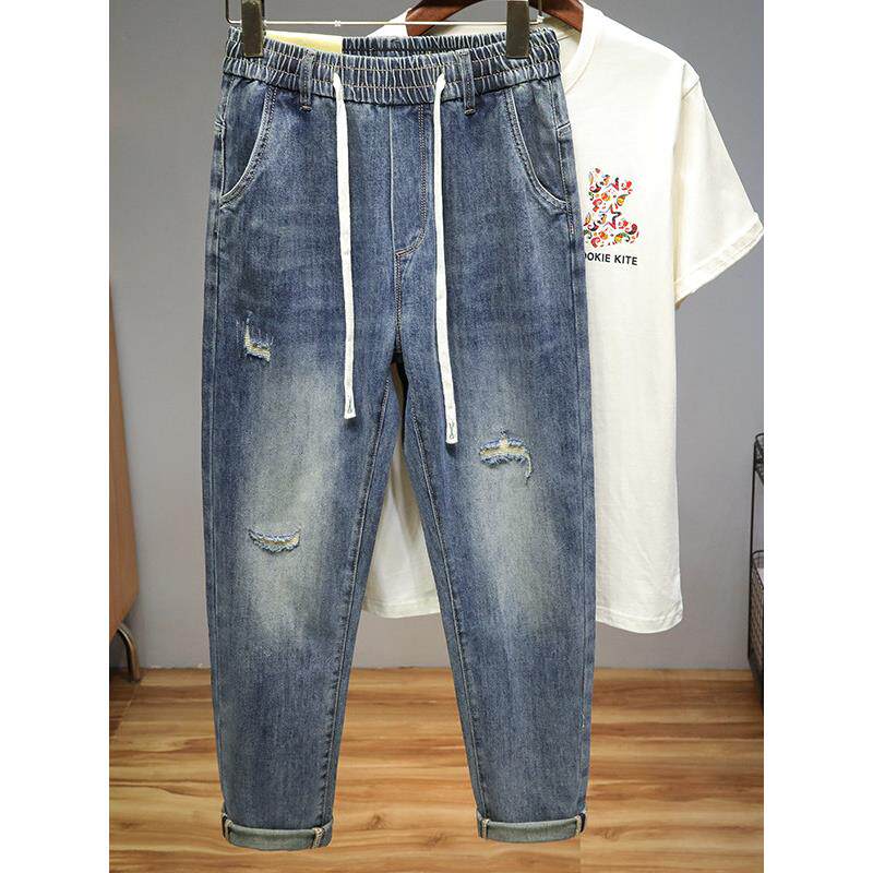 薄款牛仔裤男款春夏款破洞夏季潮牌宽松直筒松紧腰带休闲九分裤子