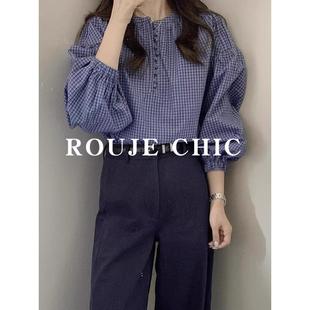 女早秋气质风半开领漂亮小衫 法国rouje 衬衫 蓝色格纹长袖 chic法式