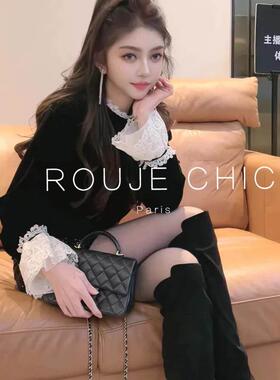 ROUJE CHIC法式高级感蕾丝拼接黑色丝绒衬衫女冬洋气内搭小衫上衣