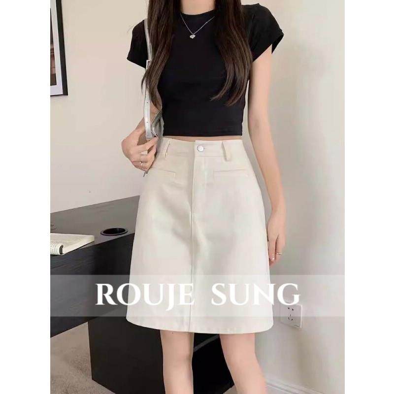 ROUJE SUNG~白色牛仔半身裙女夏季大码2025新款a字高腰包臀中裙