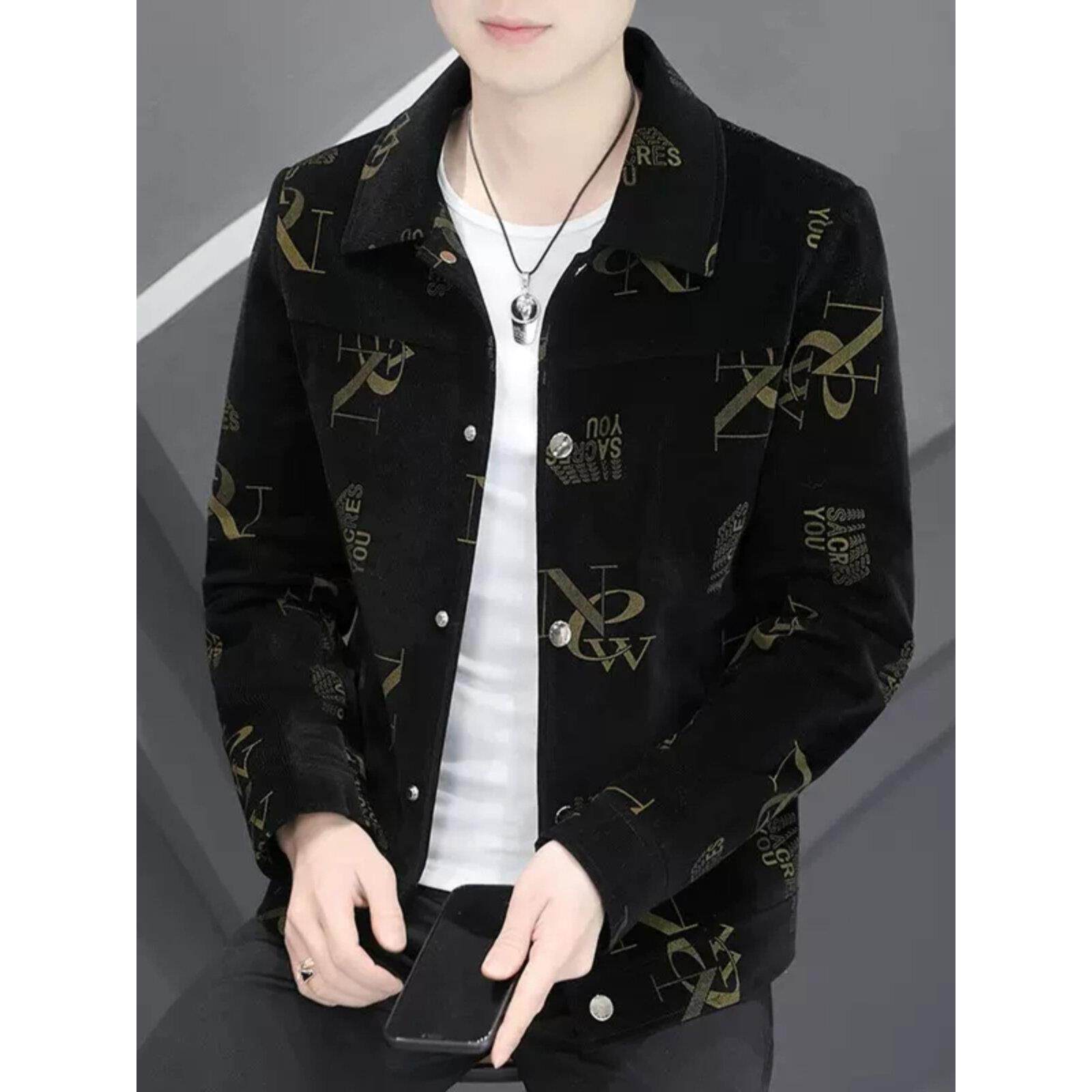 字母印花夹克外套男春季新款覆古潮流修身翻领帅气休闲男士上衣潮