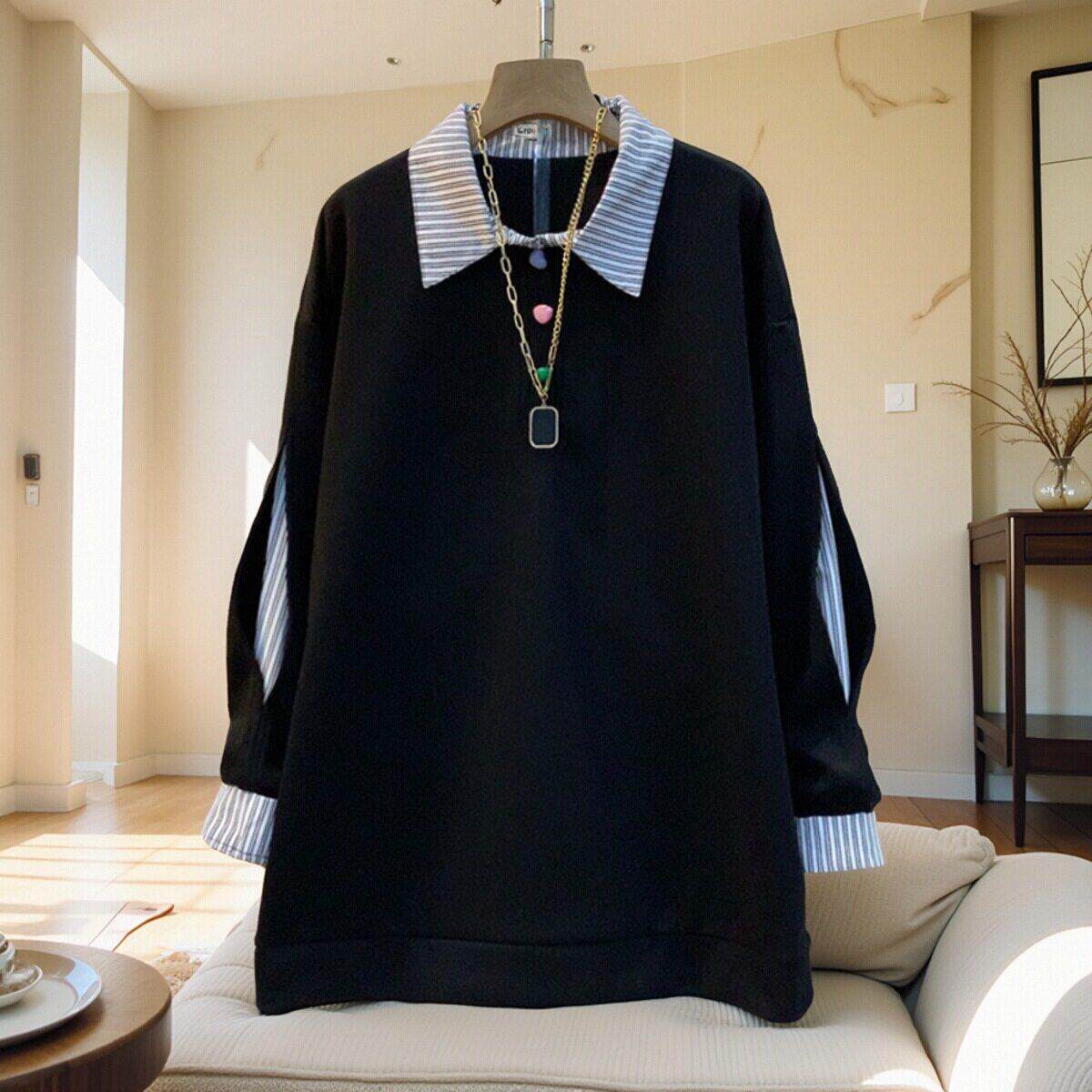 潮牌大码女装胖mm时尚减龄条纹拼接假两件卫衣宽松显瘦中长款上衣