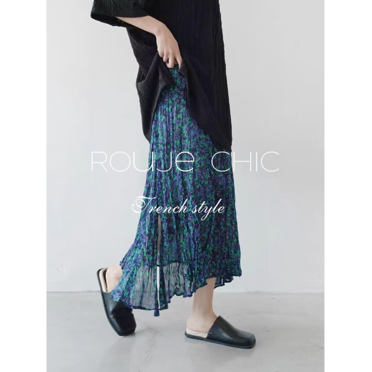 法国Rouje Chic法式设计感复古小碎花开叉半身裙女夏季新款A字裙