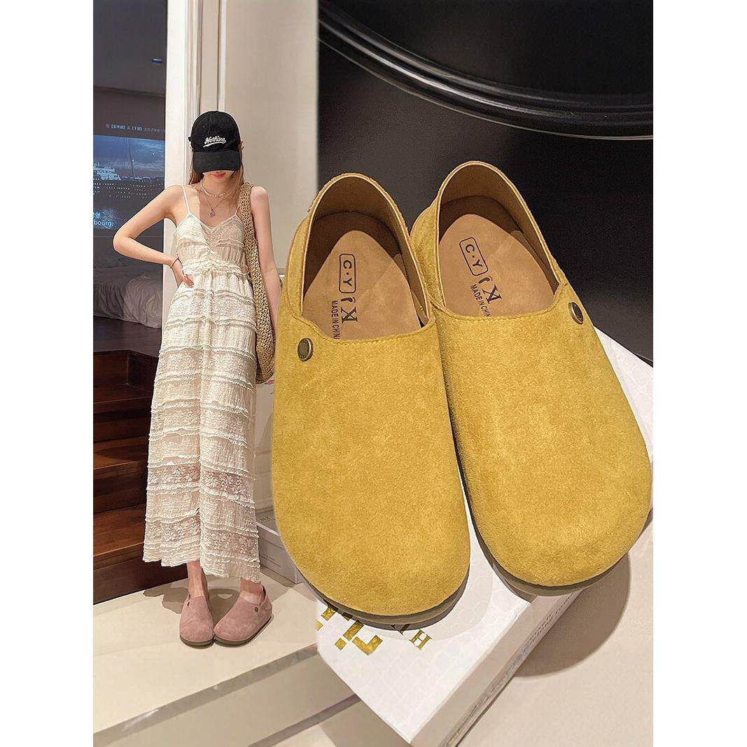 英国真皮厚底黄色两穿勃肯鞋女春2026新款一脚蹬博肯乐福豆豆单鞋