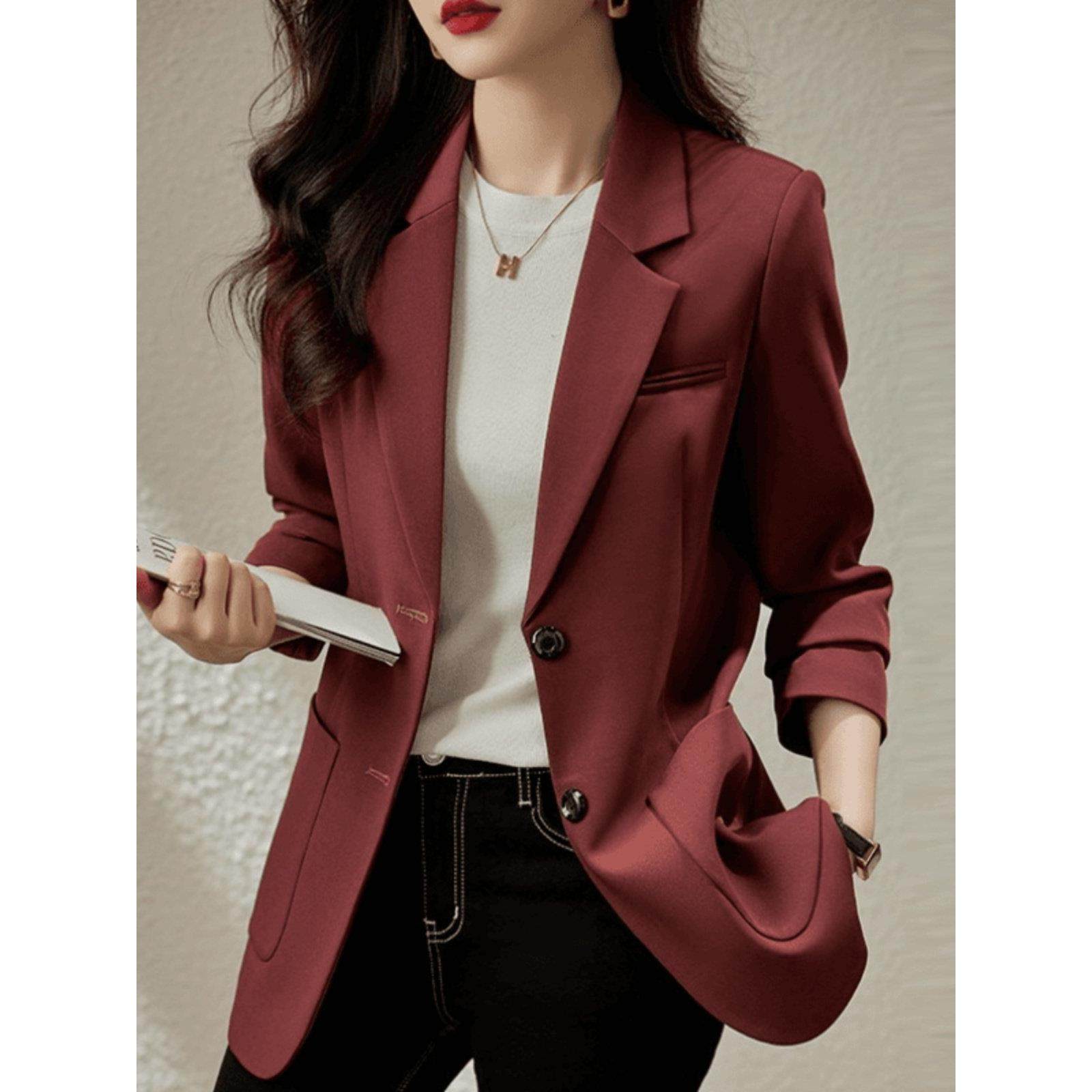 梅子色时尚休闲西装外套女士春秋中长款高级修身显瘦百搭开叉西服,女装/女士精品,短外套,淘宝优惠券,粉丝福利购,淘宝优惠卷