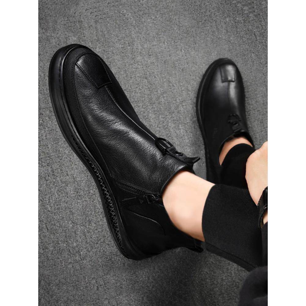 男士休闲皮鞋2025新款黑色中帮鞋拉炼软面真皮男鞋轻便软底鞋子潮