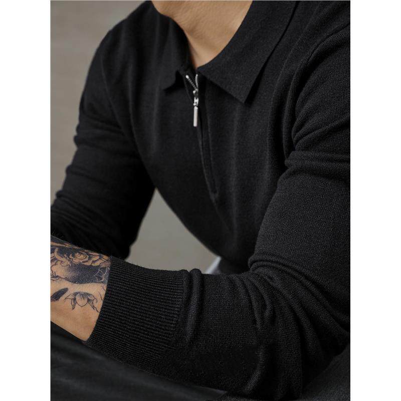 时尚感黑色针织衫男士修身气质半拉炼毛线衣Polo翻领长袖衫