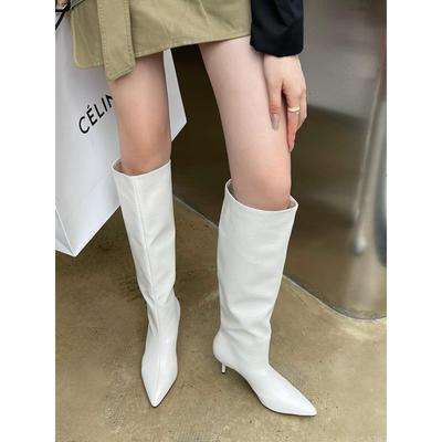 潮牌白色长靴女长筒靴尖头高跟靴2025新款高筒靴骑士靴细跟大筒围