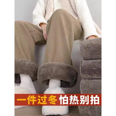 加绒阔腿裤女冬季2025新款雪尼尔外穿棉裤休闲运动直筒羊羔绒裤子