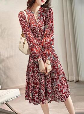 立领红色碎花连衣裙2025新款女气质收腰修身长袖覆古高级印花裙子