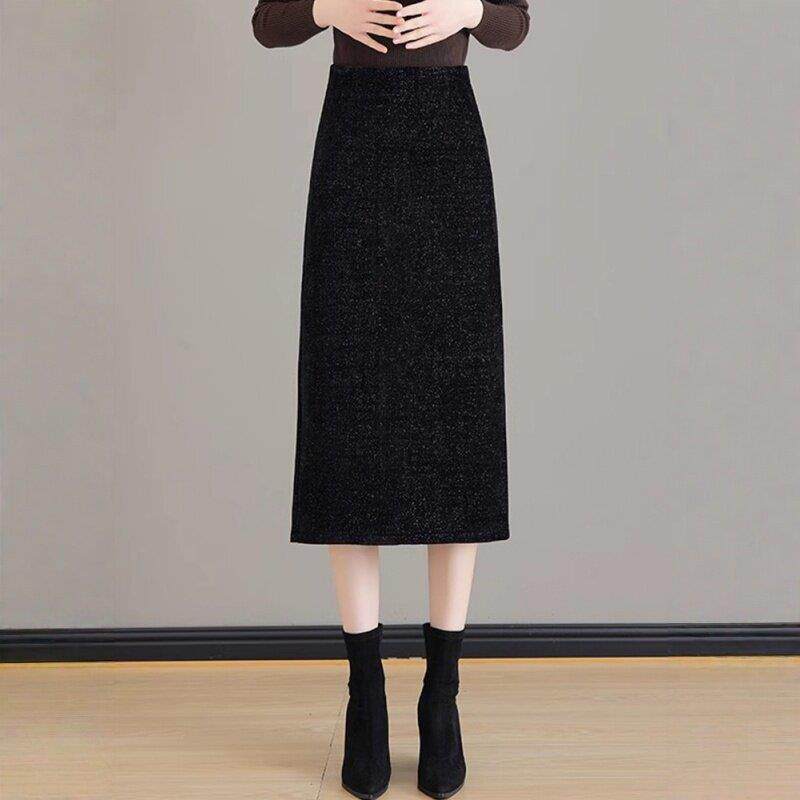 时尚黑色亮片半身裙女2025春秋冬季新款高腰中长款开叉一步包臀裙