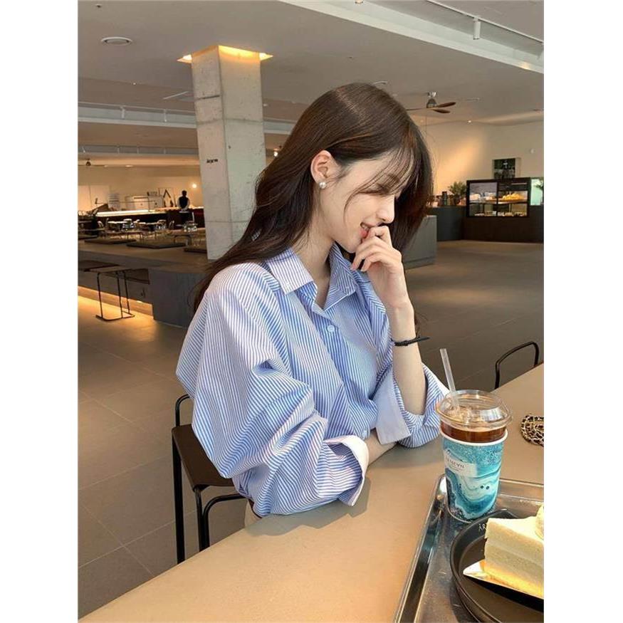 韩国NextMary蓝色条纹长袖衬衫女春季设计感小众衬衣打底百搭上衣