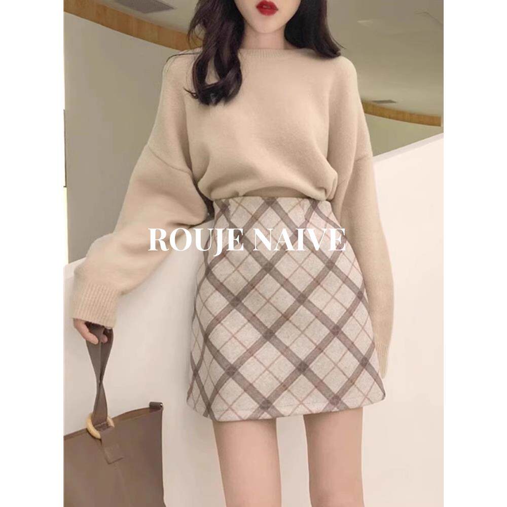 ROUJE NAIVE毛呢半身裙女春秋小个子配毛衣套装高腰包臀a字短裙子