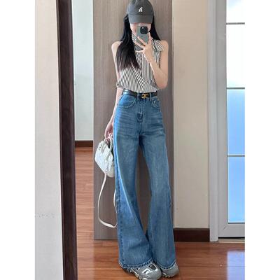 RIXO OFF浅蓝色牛仔裤女微喇高腰宽松春季2026新款喇叭阔腿拖地裤