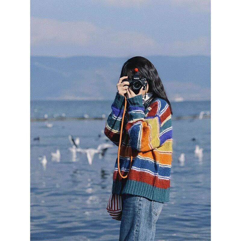 IT UNDER GARDEN 复古彩虹撞色条纹套头毛衣女秋冬宽松慵懒风针织