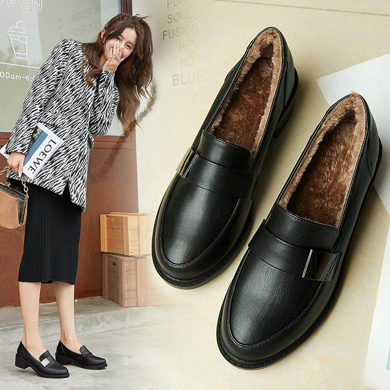 香港百搭加绒高跟乐福鞋女2025新款通勤工作小皮鞋中跟粗跟豆豆鞋,女鞋,乐福鞋（豆豆鞋）,淘宝优惠券,粉丝福利购,淘宝优惠卷