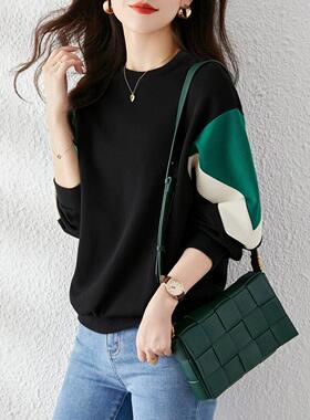 Canary Kiss黑色长袖圆领卫衣女秋冬气质减龄宽松显瘦拼色上衣