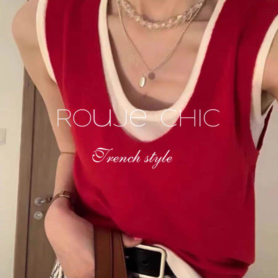 法国rouje chic法式红色假两件U领小吊带背心女夏季短款美背上衣