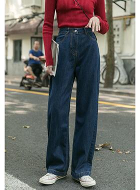 Mere Kore高腰直筒加绒阔腿牛仔裤女2025秋冬新款复古宽松小个子