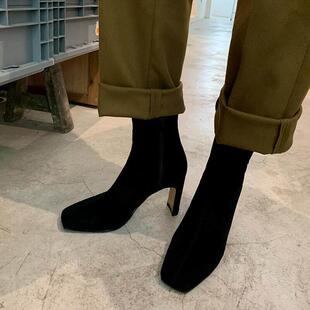 真皮反绒瘦瘦短靴女8cm气质ins显瘦弹力靴 优雅范儿 Craes Kally