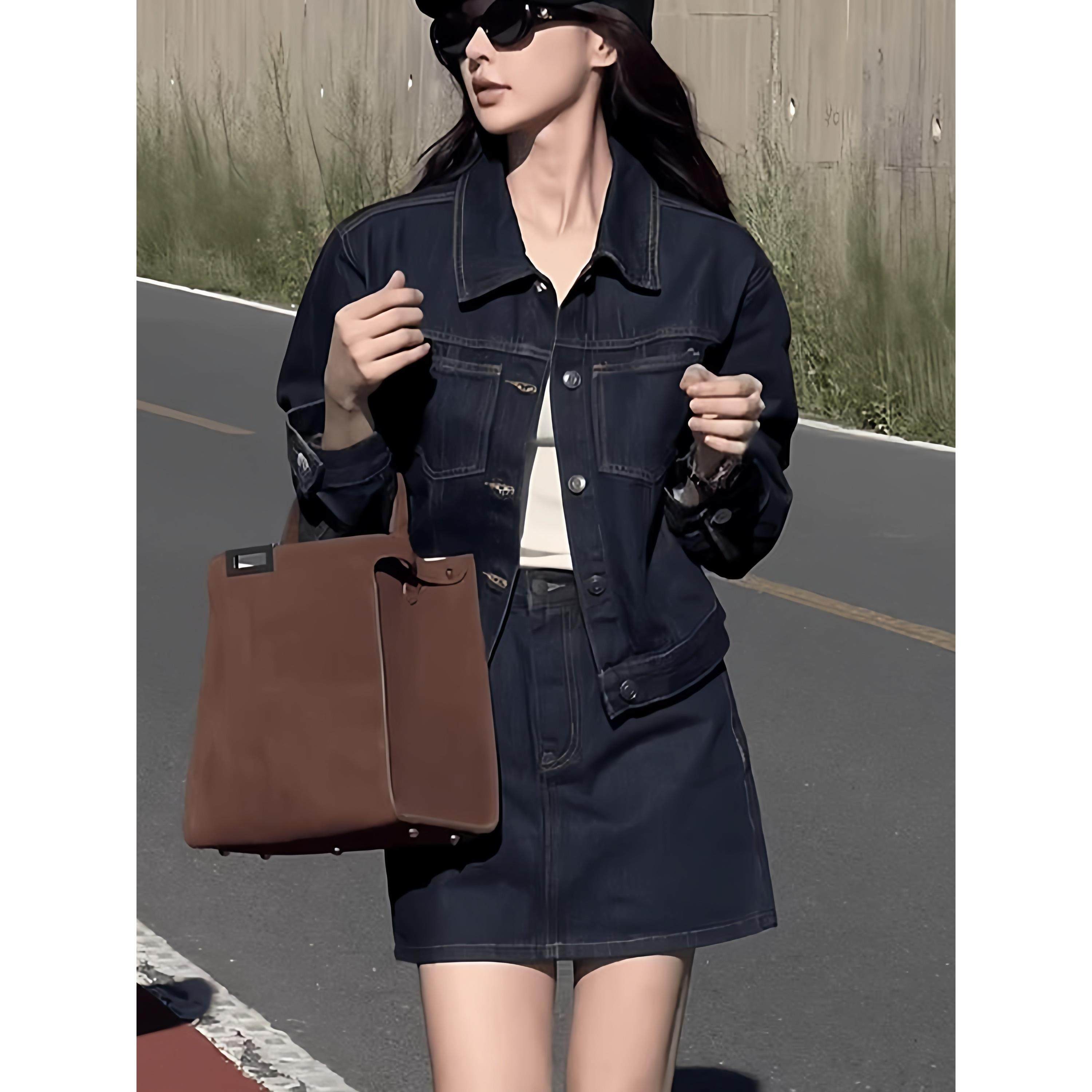 欧洲站秋装女2025新款高级感小个子港风覆古牛仔外套短裙两件套装