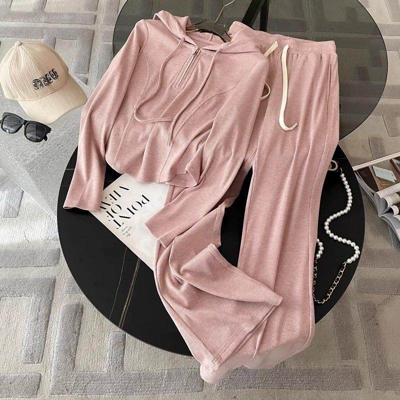 欧洲站高级感休闲时尚套装女春秋2025新款粉色连帽卫衣运动两件套