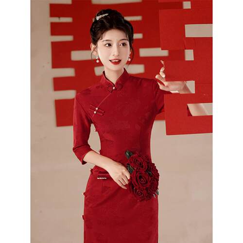 Ocnltiy七分袖红色旗袍连衣裙女春秋结婚订婚回门敬酒服新娘礼服