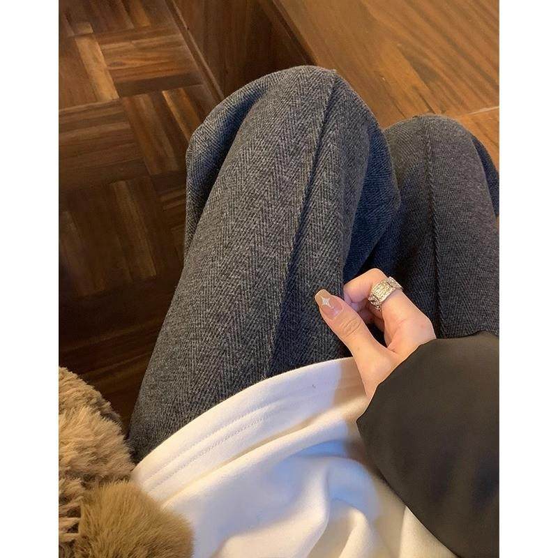 Mere Kore人字纹阔腿裤女秋冬新款休闲羊毛西装裤显瘦毛呢直筒裤