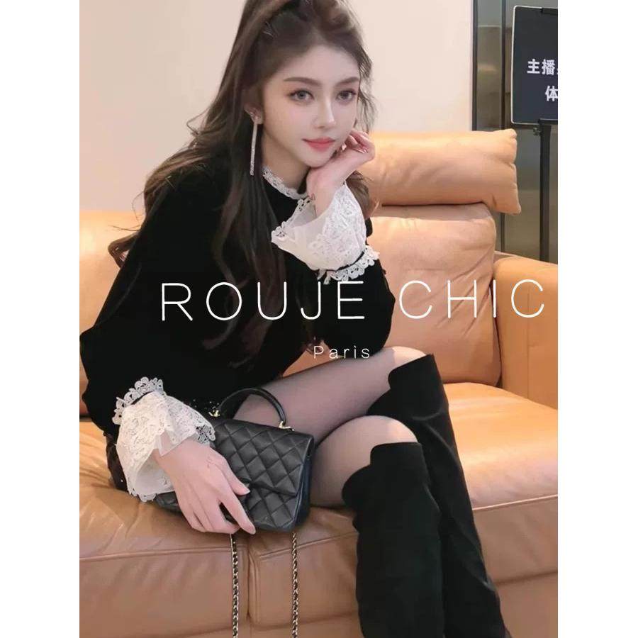 ROUJE CHIC法式高级感蕾丝拼接黑色丝绒衬衫女冬洋气内搭小衫上衣,女装/女士精品,大码内搭,淘宝优惠券,粉丝福利购,淘宝优惠卷