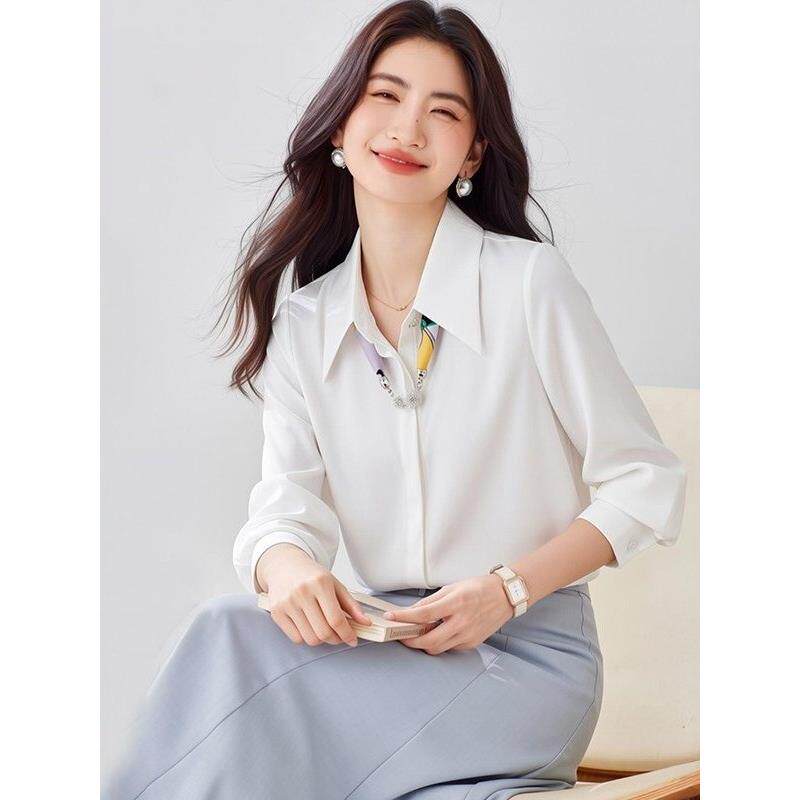 单排扣丝巾可拆卸白色雪纺衬衫女春季2026年新款宽松薄款长袖衬衣