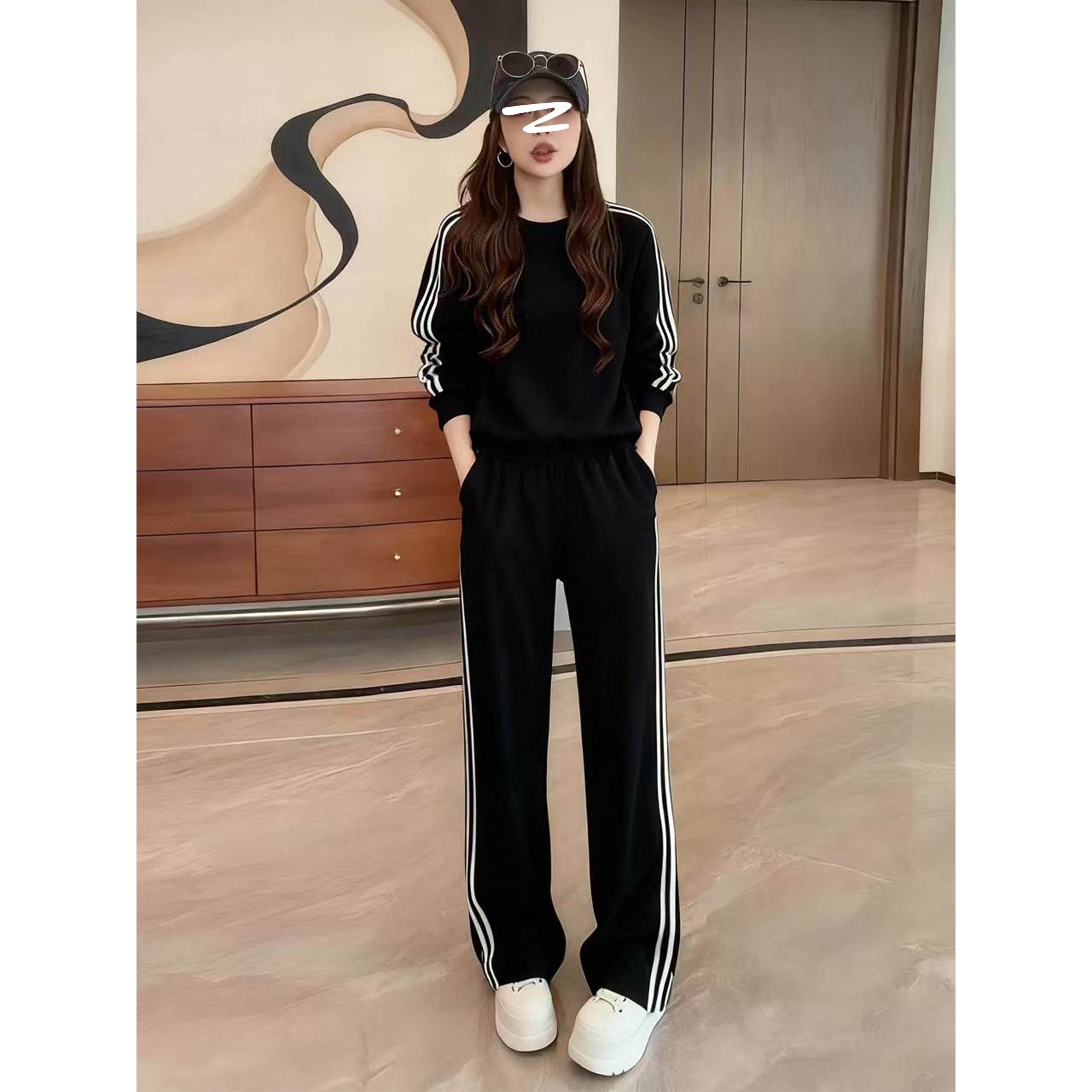 欧洲站休闲运动套装女2026新款春秋季宽松条纹洋气时尚卫衣两件套