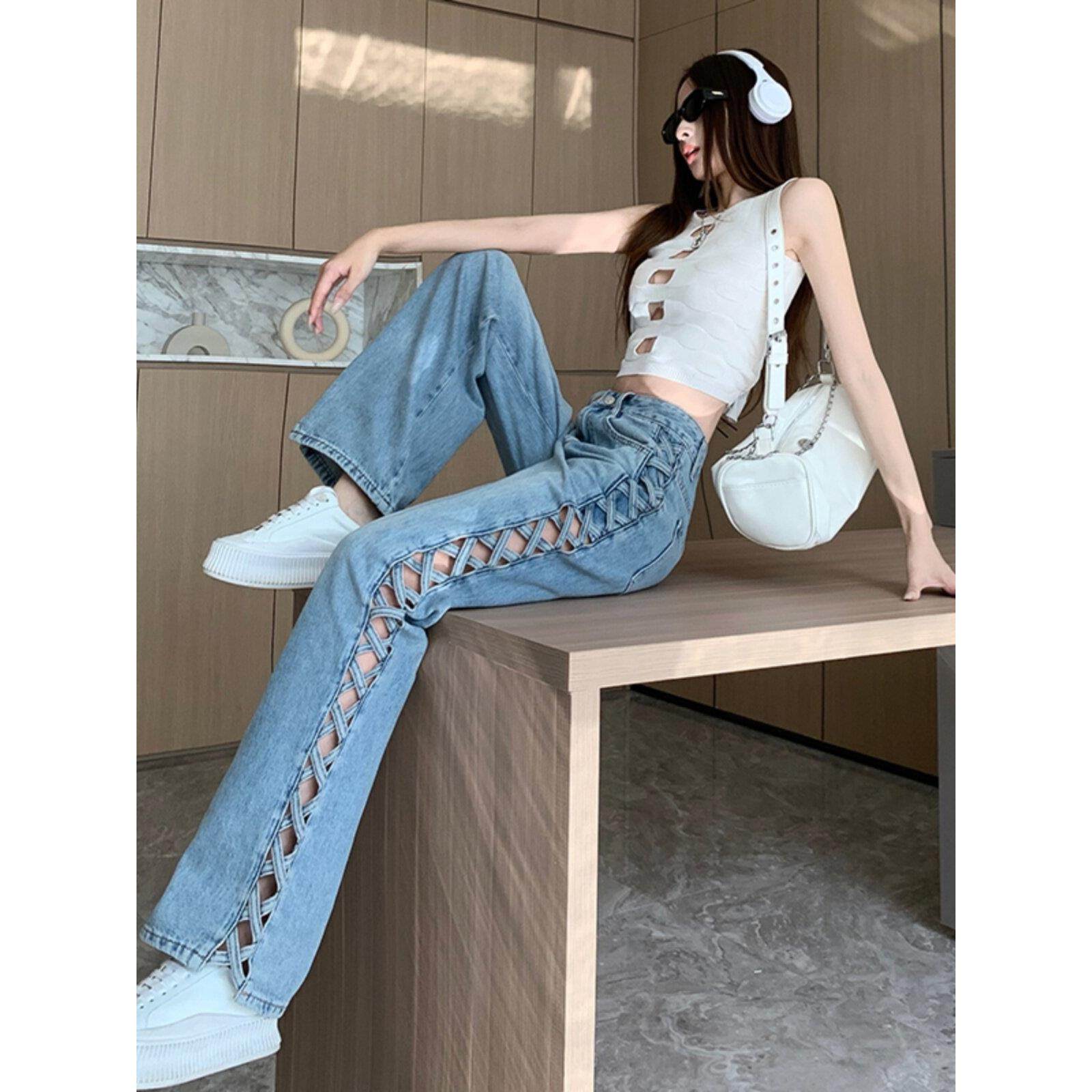 法国Rouje tusse欧洲站侧边编织镂空阔腿牛仔裤高腰宽松拖地长裤,女装/女士精品,牛仔裤,淘宝优惠券,粉丝福利购,淘宝优惠卷