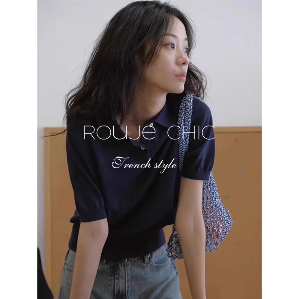 rouje chic法式高级感藏青色POLO领冰丝针织衫短袖T恤女夏季上衣