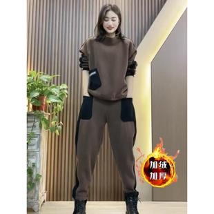 欧洲站运动套装女秋冬季2025新款时髦时尚洋气加绒加厚卫衣两件套