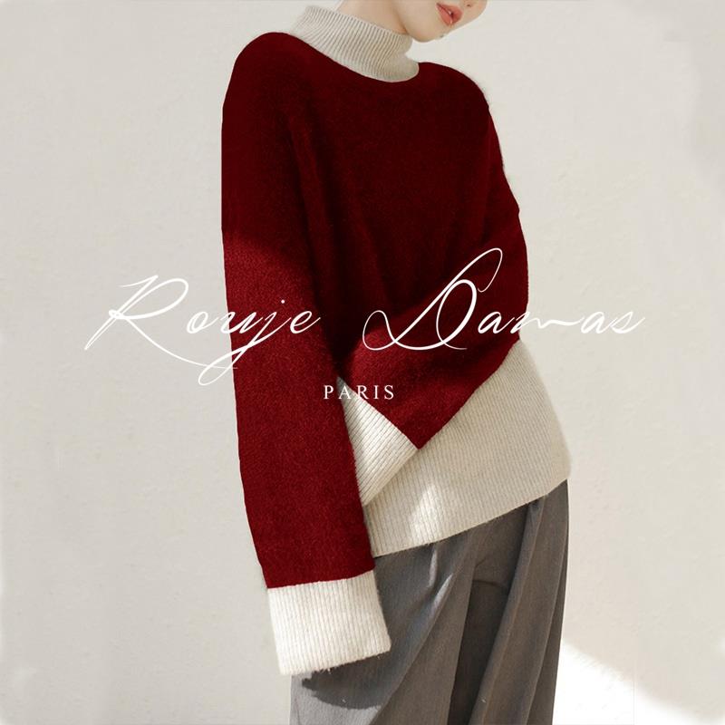 Rouje Damas新年红毛衣 浣熊绒拼色高领女冬毛衣 通勤风套头毛衣
