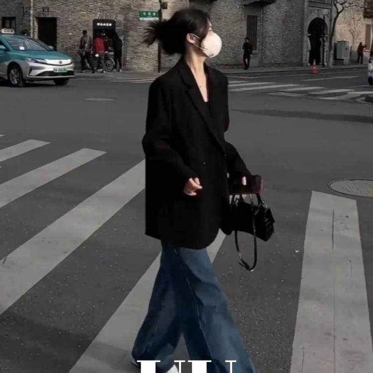 UU定制/黑色正肩西装外套女2025春秋新款韩版高级感宽松休闲西服