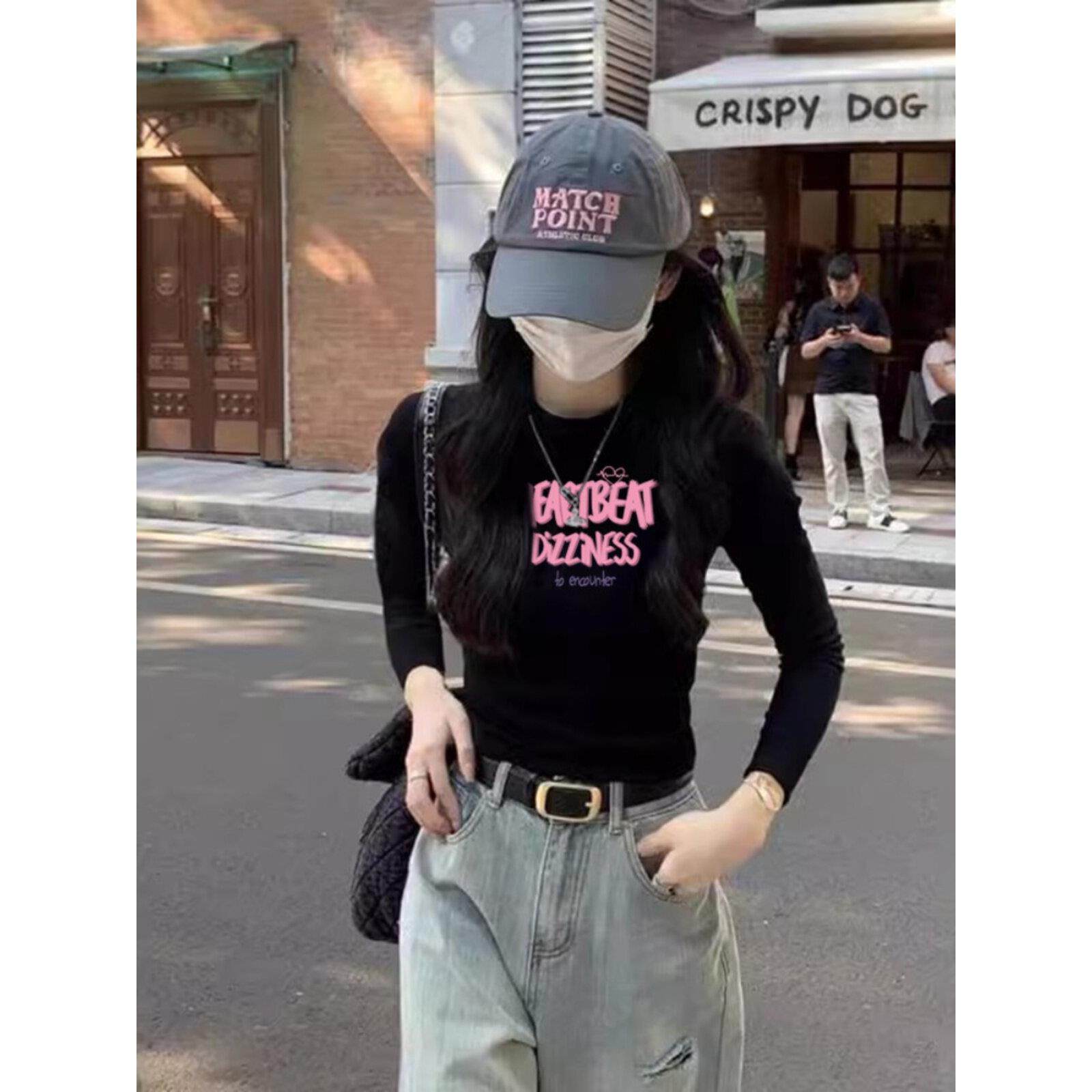 韩国黑色女t恤短款2025秋季新款气质修身圆领百搭纯棉长袖上衣潮