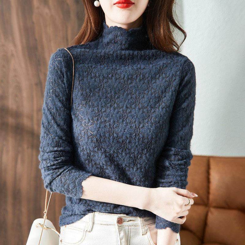 蕾丝打底衫女春秋内搭2025年新款薄款修身显瘦洋派半高领磨毛上衣