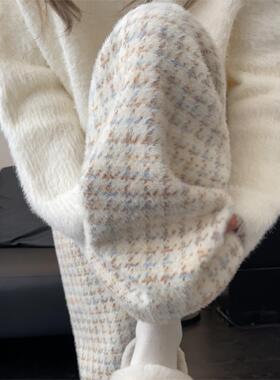 SPYB千鸟格阔腿裤女秋冬新款高腰慵懒风休闲加绒羊毛绒白色格子裤