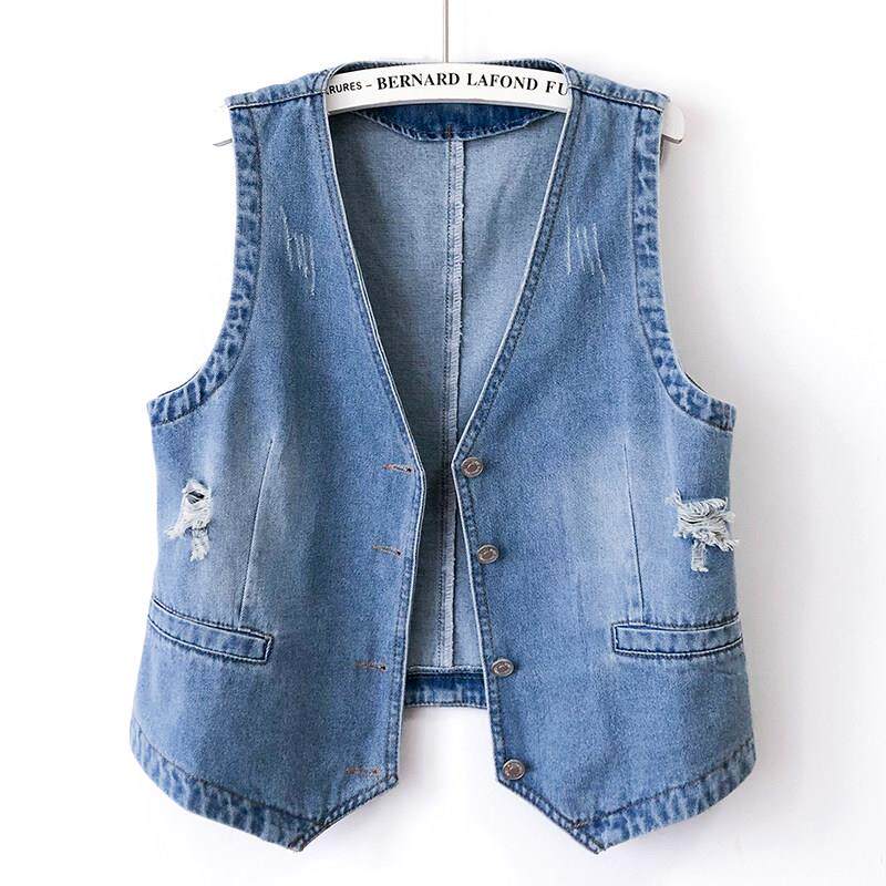 韩国春秋新款牛仔马甲女个性时尚破洞背心无领大码外套短款马夹潮