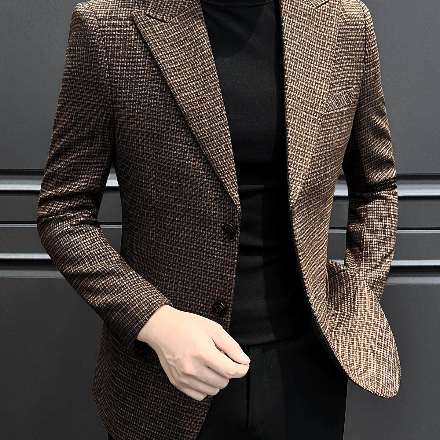 韩版修身西装外套男士2026新款单西上衣服帅气细格子商务休闲西服