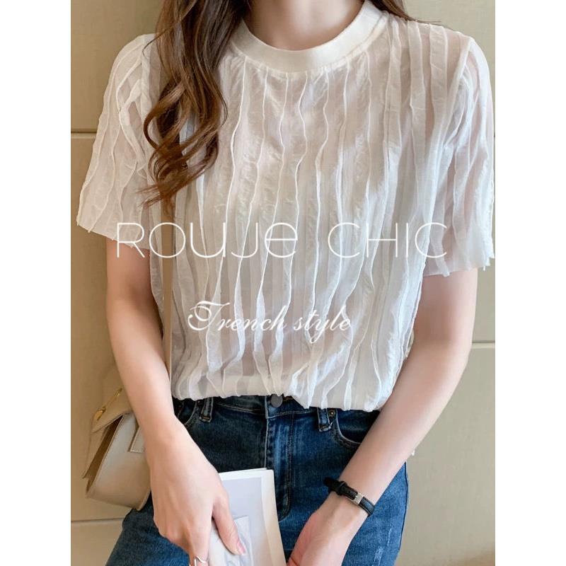 法国rouje chic法式简约白色圆领短袖T恤女宽松洋派褶皱上衣