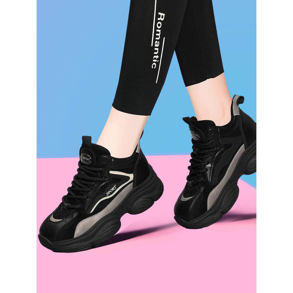 缓震休闲厚底增高女鞋子高帮真皮老爹鞋2025秋季新款百搭运动板鞋