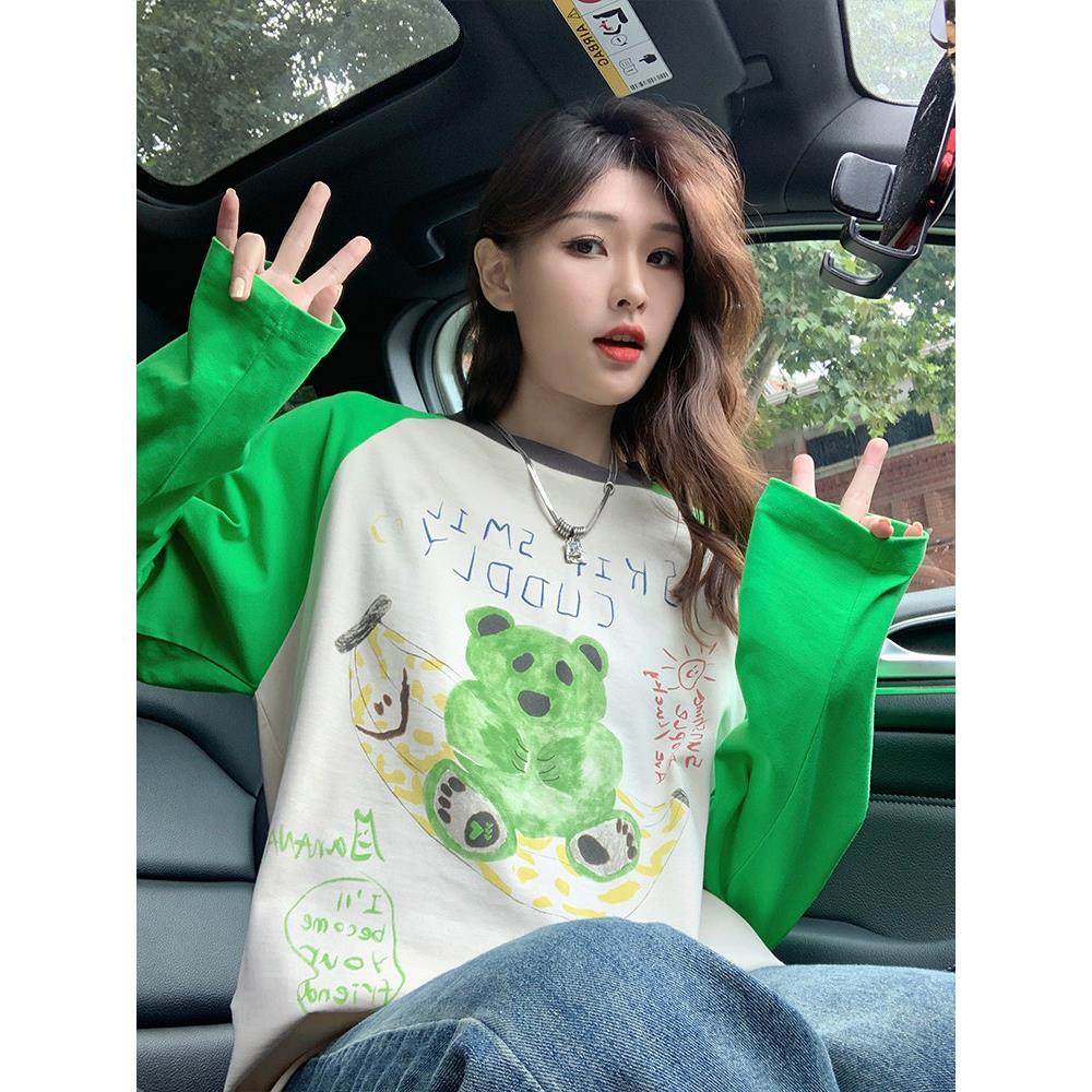 IT UNDER GARDEN 秋冬装绿色小熊插肩长袖t恤女宽松显瘦纯棉卫衣,女装/女士精品,大码内搭,淘宝优惠券,粉丝福利购,淘宝优惠卷